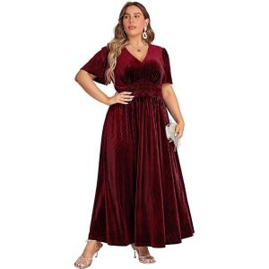 imageSimplee Womens V Neck Velvet Maxi Dress Short Sleeve Empire Waist Long Formal Dress for Wedding GuestPburgundy