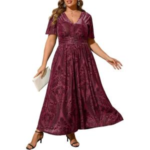 imageSimplee Womens V Neck Velvet Maxi Dress Short Sleeve Empire Waist Long Formal Dress for Wedding GuestPburgundy2