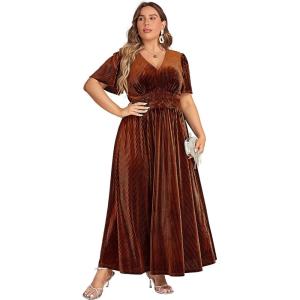 imageSimplee Womens V Neck Velvet Maxi Dress Short Sleeve Empire Waist Long Formal Dress for Wedding GuestPburnt Orange