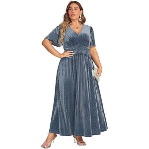 imageSimplee Womens V Neck Velvet Maxi Dress Short Sleeve Empire Waist Long Formal Dress for Wedding GuestPgrey Blue