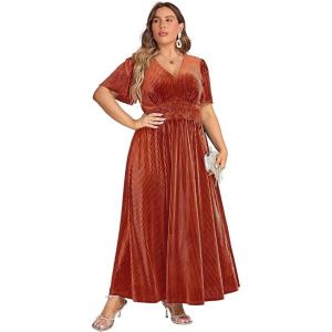 imageSimplee Womens V Neck Velvet Maxi Dress Short Sleeve Empire Waist Long Formal Dress for Wedding GuestPpumpkin Orange