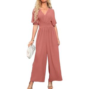 imageSimplee Womens V Neck Wide Leg Jumpsuits Dressy Casual One Piece High Waist Short Sleeve Formal Jumpsuit Long RomperRose Red