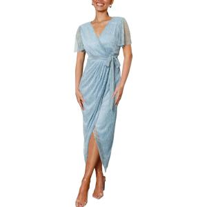 imageSimplee Womens V Neck Wrap Short Sleeve Cocktail Dress Sparkly Glitter Sexy High Low Midi Bodycon DressGrey Blue