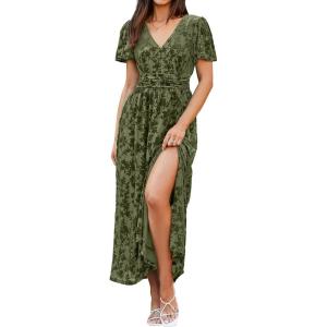 imageSimplee Womens Velvet Maxi Dress V Neck Short Sleeve Empire Waist Semi Formal Long Cocktail DressesBurnoutarmy Green