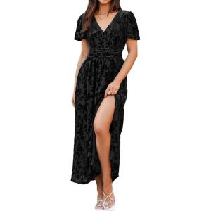 imageSimplee Womens Velvet Maxi Dress V Neck Short Sleeve Empire Waist Semi Formal Long Cocktail DressesBurnoutblack