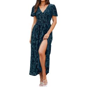 imageSimplee Womens Velvet Maxi Dress V Neck Short Sleeve Empire Waist Semi Formal Long Cocktail DressesBurnoutdark Blue