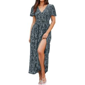imageSimplee Womens Velvet Maxi Dress V Neck Short Sleeve Empire Waist Semi Formal Long Cocktail DressesBurnoutdusty Blue