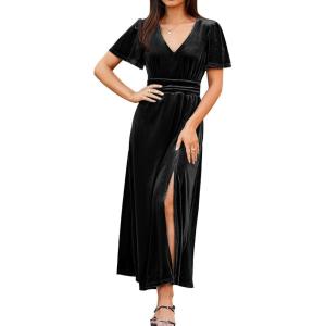 imageSimplee Womens Velvet Maxi Dress V Neck Short Sleeve Empire Waist Semi Formal Long Cocktail DressesVelvetblack