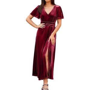 imageSimplee Womens Velvet Maxi Dress V Neck Short Sleeve Empire Waist Semi Formal Long Cocktail DressesVelvetburgundy