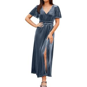imageSimplee Womens Velvet Maxi Dress V Neck Short Sleeve Empire Waist Semi Formal Long Cocktail DressesVelvetdusty Blue