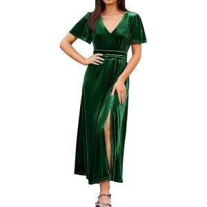 imageSimplee Womens Velvet Maxi Dress V Neck Short Sleeve Empire Waist Semi Formal Long Cocktail DressesVelvetgreen
