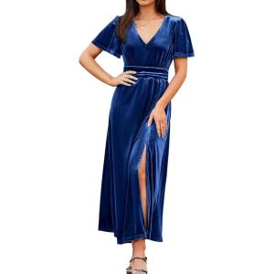 imageSimplee Womens Velvet Maxi Dress V Neck Short Sleeve Empire Waist Semi Formal Long Cocktail DressesVelvetnavy Blue