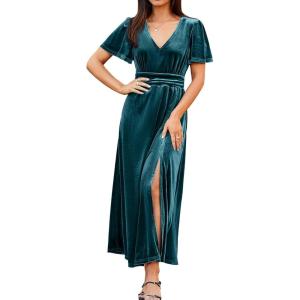 imageSimplee Womens Velvet Maxi Dress V Neck Short Sleeve Empire Waist Semi Formal Long Cocktail DressesVelvetteal Blue