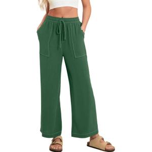 imageSimplee Womens Wide Leg Palazzo Pants High Waisted Boho Casual Drawstring Linen Pants Trousers with Pockets