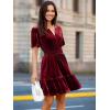 imageSimplee Womens 2025 Velvet Short Sleeve Cocktail Dress Fall Winter Casual V Neck Empire Waist Mini Dresses with PocketsBurgundy