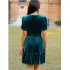 imageSimplee Womens 2025 Velvet Short Sleeve Cocktail Dress Fall Winter Casual V Neck Empire Waist Mini Dresses with PocketsTeal Blue