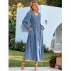 imageSimplee Womens Long Sleeve Smocked Maxi Dress Tiered V Neck Flowy Fall Wedding Guest Long Dresses with PocketsBlue