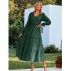 imageSimplee Womens Long Sleeve Smocked Maxi Dress Tiered V Neck Flowy Fall Wedding Guest Long Dresses with PocketsDark Green