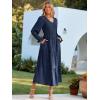 imageSimplee Womens Long Sleeve Smocked Maxi Dress Tiered V Neck Flowy Fall Wedding Guest Long Dresses with PocketsNavy Blue