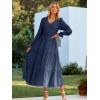 imageSimplee Womens Long Sleeve Smocked Maxi Dress Tiered V Neck Flowy Fall Wedding Guest Long Dresses with PocketsNavy Blue
