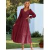 imageSimplee Womens Long Sleeve Smocked Maxi Dress Tiered V Neck Flowy Fall Wedding Guest Long Dresses with PocketsWine Red