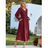 imageSimplee Womens Long Sleeve Smocked Maxi Dress Tiered V Neck Flowy Fall Wedding Guest Long Dresses with PocketsWine Red