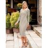 imageSimplee Womens Long Sleeve Sweater Midi Dress V Neck Casual Slim Fit Bodycon Knit Ribbed Slit Long Dress for Fall WinterStriped Beige White