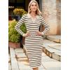 imageSimplee Womens Long Sleeve Sweater Midi Dress V Neck Casual Slim Fit Bodycon Knit Ribbed Slit Long Dress for Fall WinterStriped Beige White