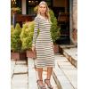 imageSimplee Womens Long Sleeve Sweater Midi Dress V Neck Casual Slim Fit Bodycon Knit Ribbed Slit Long Dress for Fall WinterStriped Beige White