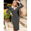 imageSimplee Womens Long Sleeve Sweater Midi Dress V Neck Casual Slim Fit Bodycon Knit Ribbed Slit Long Dress for Fall WinterStriped Black White