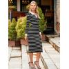 imageSimplee Womens Long Sleeve Sweater Midi Dress V Neck Casual Slim Fit Bodycon Knit Ribbed Slit Long Dress for Fall WinterStriped Black White