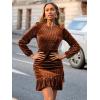 imageSimplee Womens Velvet Bodycon Mini Dress Long Sleeve Ruffle Hem Fall Winter Cocktail Dresses for Party Holiday EventsBurnt Orange