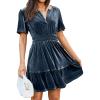 imageSimplee Womens 2025 Velvet Short Sleeve Cocktail Dress Fall Winter Casual V Neck Empire Waist Mini Dresses with PocketsDusty Blue