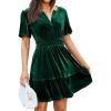 imageSimplee Womens 2025 Velvet Short Sleeve Cocktail Dress Fall Winter Casual V Neck Empire Waist Mini Dresses with PocketsGreen