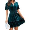 imageSimplee Womens 2025 Velvet Short Sleeve Cocktail Dress Fall Winter Casual V Neck Empire Waist Mini Dresses with PocketsTeal Blue