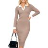 imageSimplee Womens Long Sleeve Sweater Midi Dress V Neck Casual Slim Fit Bodycon Knit Ribbed Slit Long Dress for Fall WinterKhaki