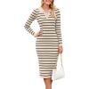 imageSimplee Womens Long Sleeve Sweater Midi Dress V Neck Casual Slim Fit Bodycon Knit Ribbed Slit Long Dress for Fall WinterStriped Beige White