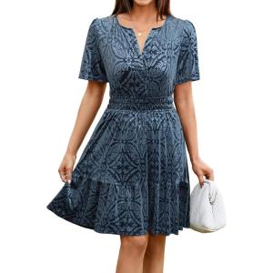 imageSimplee Womens 2025 Velvet Short Sleeve Cocktail Dress Fall Winter Casual V Neck Empire Waist Mini Dresses with Pockets2burnout Dusty Blue