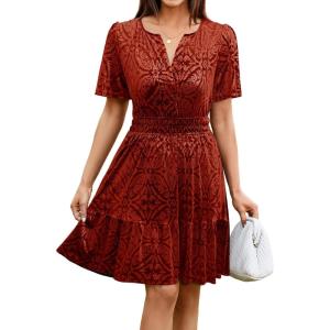 imageSimplee Womens 2025 Velvet Short Sleeve Cocktail Dress Fall Winter Casual V Neck Empire Waist Mini Dresses with Pockets2burnout Tangerine