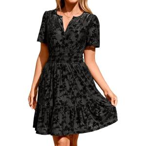 imageSimplee Womens 2025 Velvet Short Sleeve Cocktail Dress Fall Winter Casual V Neck Empire Waist Mini Dresses with Pockets3burnout Black