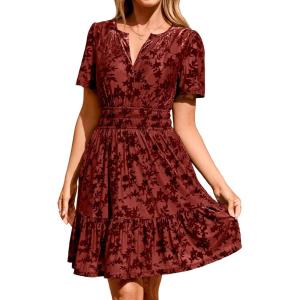 imageSimplee Womens 2025 Velvet Short Sleeve Cocktail Dress Fall Winter Casual V Neck Empire Waist Mini Dresses with Pockets3burnout Red