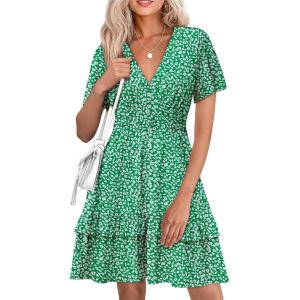 imageSimplee Womens Floral Short Summer Dress  Empire Waist A Line Flutter Sleeve V Neck Boho Mini Dresses with PocketsFloralgreen