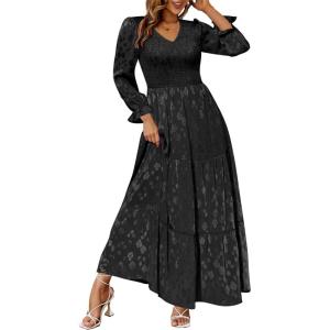 imageSimplee Womens Long Sleeve Smocked Maxi Dress Tiered V Neck Flowy Fall Wedding Guest Long Dresses with PocketsBlack