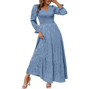 imageSimplee Womens Long Sleeve Smocked Maxi Dress Tiered V Neck Flowy Fall Wedding Guest Long Dresses with PocketsBlue
