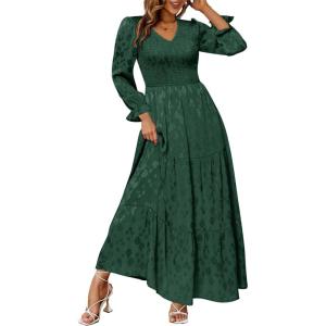 imageSimplee Womens Long Sleeve Smocked Maxi Dress Tiered V Neck Flowy Fall Wedding Guest Long Dresses with PocketsDark Green