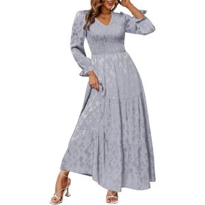 imageSimplee Womens Long Sleeve Smocked Maxi Dress Tiered V Neck Flowy Fall Wedding Guest Long Dresses with PocketsLight Blue