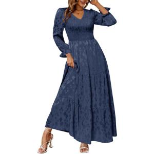 imageSimplee Womens Long Sleeve Smocked Maxi Dress Tiered V Neck Flowy Fall Wedding Guest Long Dresses with PocketsNavy Blue