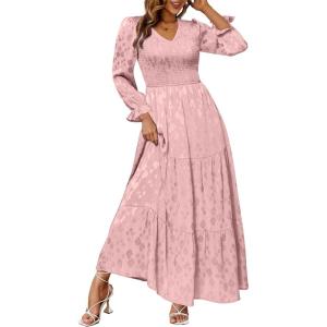 imageSimplee Womens Long Sleeve Smocked Maxi Dress Tiered V Neck Flowy Fall Wedding Guest Long Dresses with PocketsPink