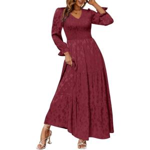 imageSimplee Womens Long Sleeve Smocked Maxi Dress Tiered V Neck Flowy Fall Wedding Guest Long Dresses with PocketsWine Red