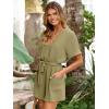 imageSimplee Women Summer Short Rompers V Neck Button Down Short Sleeve Belted Waist Tie Jumpsuits with PocketsArmy Green